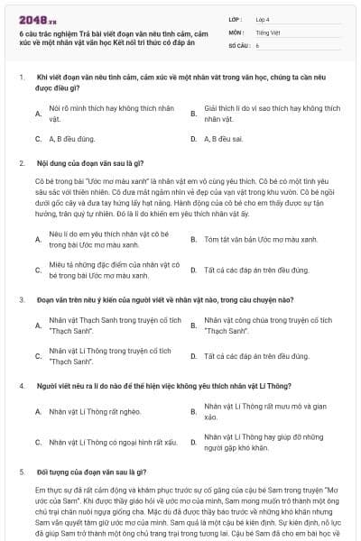 6 câu trắc nghiệm Trả bài viết đoạn văn nêu tình cảm, cảm xúc về một nhân vật văn học Kết nối tri thức có đáp án