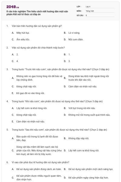 8 câu trắc nghiệm Tìm hiểu cách viết hướng dẫn một sản phẩm Kết nối tri thức có đáp án