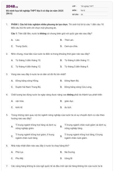 Đề minh họa tốt nghiệp THPT Địa lí có đáp án năm 2025 (Đề 6)