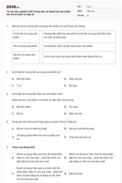 10 câu trắc nghiệm Viết hướng dẫn sử dụng một sản phẩm Kết nối tri thức có đáp án