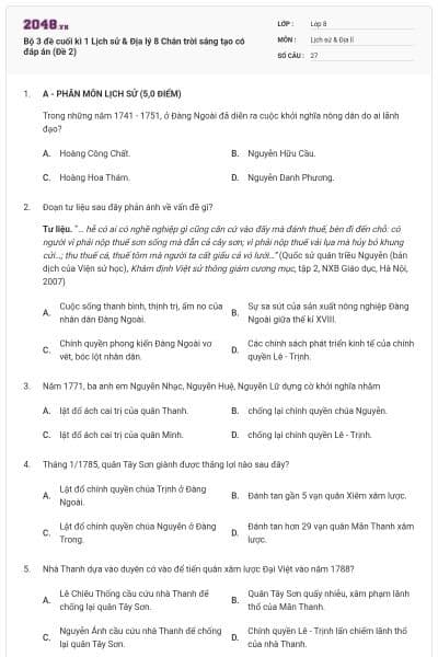 Bộ 3 đề cuối kì 1 Lịch sử & Địa lý 8 Chân trời sáng tạo có đáp án (Đề 2)