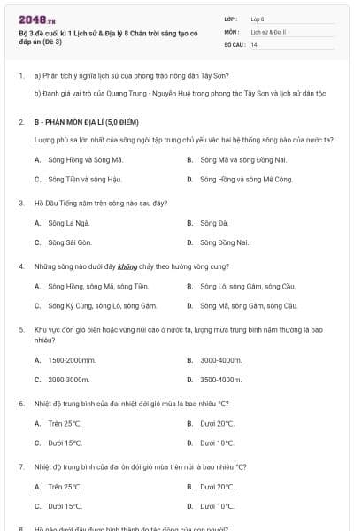 Bộ 3 đề cuối kì 1 Lịch sử & Địa lý 8 Chân trời sáng tạo có đáp án (Đề 3)