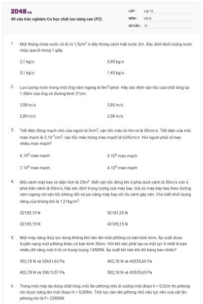 40 câu trắc nghiệm Cơ học chất lưu nâng cao (P2)