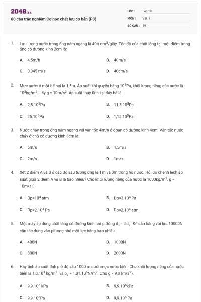 60 câu trắc nghiệm Cơ học chất lưu cơ bản (P3)