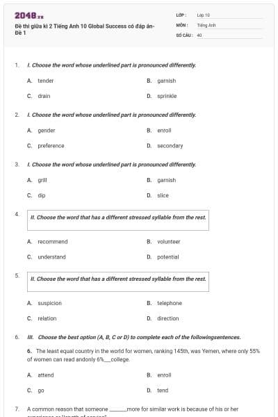 Đề thi giữa kì 2 Tiếng Anh 10 Global Success có đáp án- Đề 1