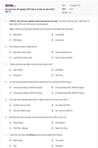 Đề minh họa tốt nghiệp THPT Địa lí có đáp án năm 2025 (Đề 7)
