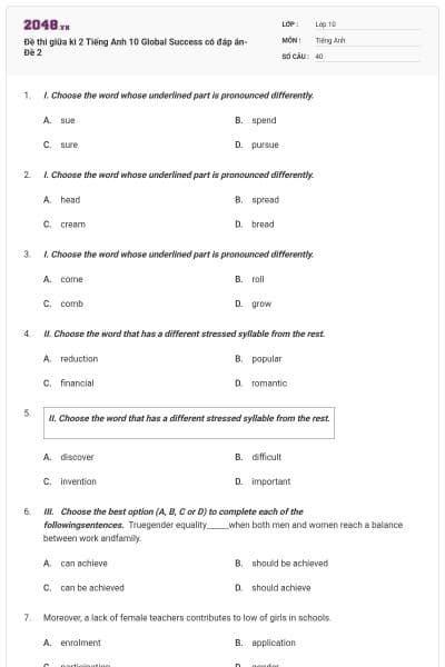 Đề thi giữa kì 2 Tiếng Anh 10 Global Success có đáp án- Đề 2