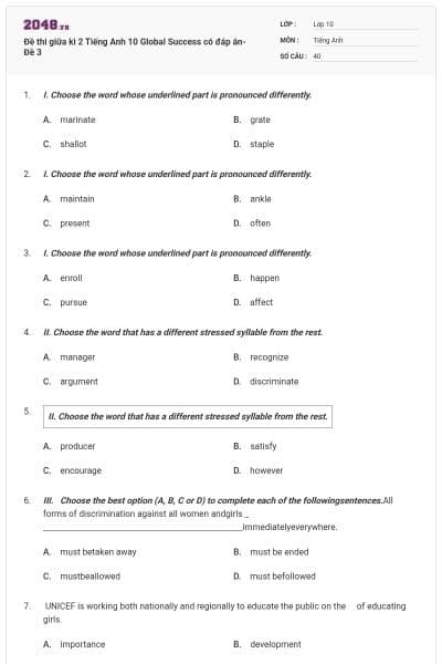Đề thi giữa kì 2 Tiếng Anh 10 Global Success có đáp án- Đề 3