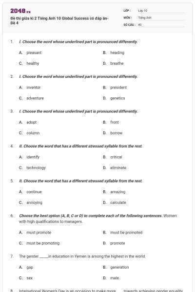 Đề thi giữa kì 2 Tiếng Anh 10 Global Success có đáp án- Đề 4