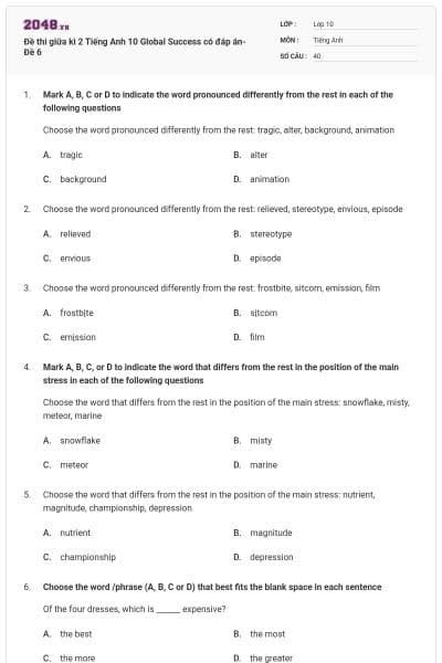 Đề thi giữa kì 2 Tiếng Anh 10 Global Success có đáp án- Đề 6