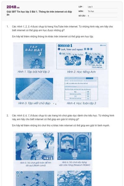 Giải SBT Tin học lớp 3 Bài 1. Thông tin trên internet có đáp án