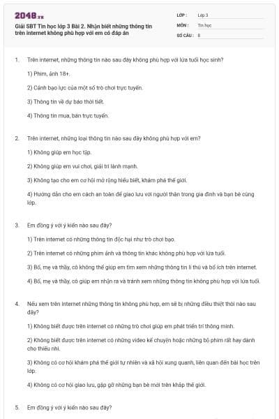 Giải SBT Tin học lớp 3 Bài 2. Nhận biết những thông tin trên internet không phù hợp với em có đáp án