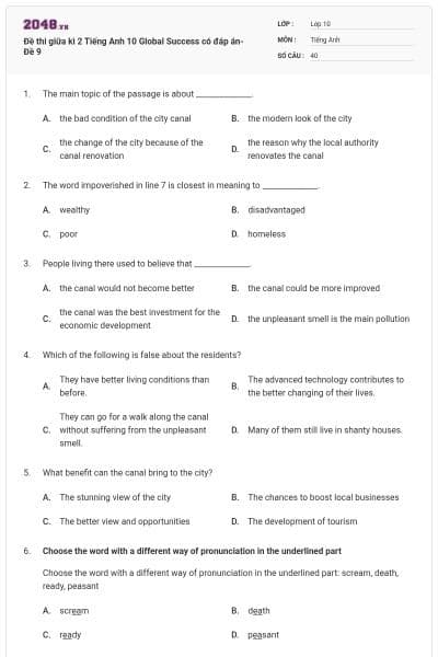 Đề thi giữa kì 2 Tiếng Anh 10 Global Success có đáp án- Đề 9