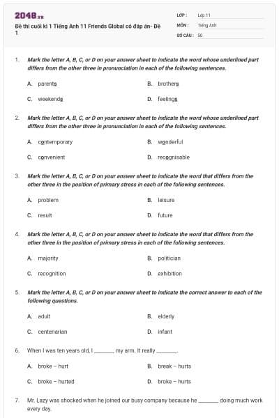Đề thi cuối kì 1 Tiếng Anh 11 Friends Global có đáp án- Đề 1