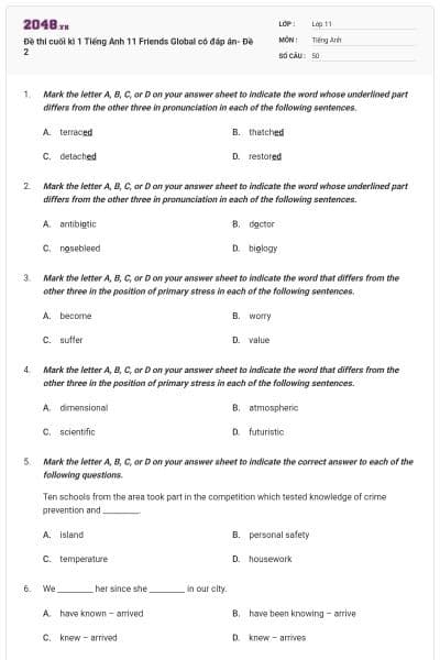 Đề thi cuối kì 1 Tiếng Anh 11 Friends Global có đáp án- Đề 2