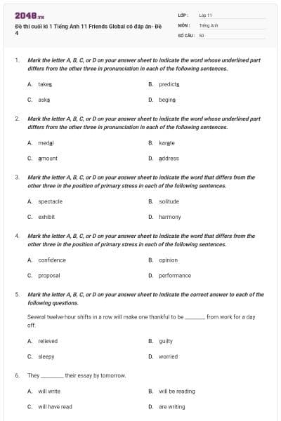 Đề thi cuối kì 1 Tiếng Anh 11 Friends Global có đáp án- Đề 4