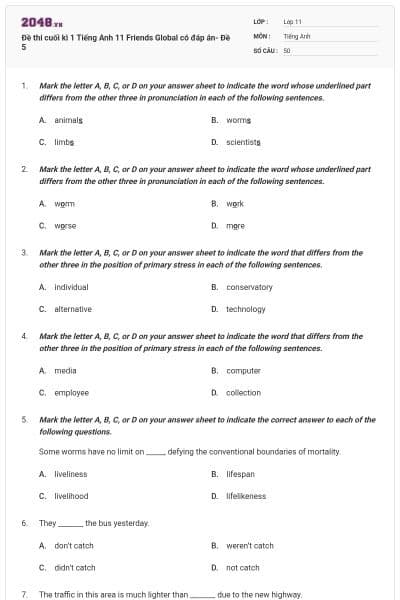 Đề thi cuối kì 1 Tiếng Anh 11 Friends Global có đáp án- Đề 5