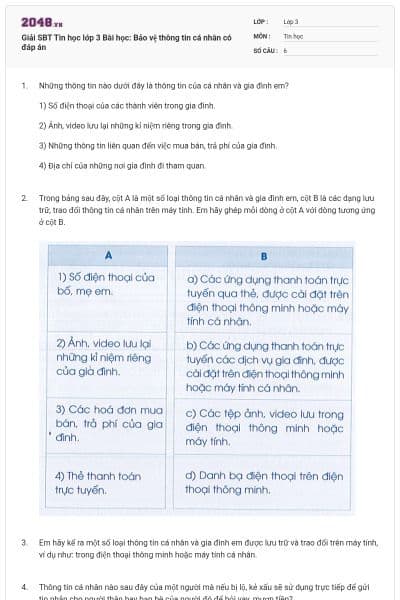 Giải SBT Tin học lớp 3 Bài học: Bảo vệ thông tin cá nhân có đáp án