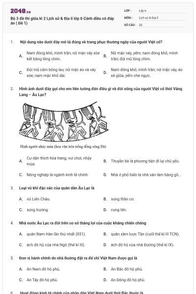 Bộ 3 đề thi giữa kì 2 Lịch sử & Địa lí lớp 6 Cánh diều có đáp án ( Đề 1)