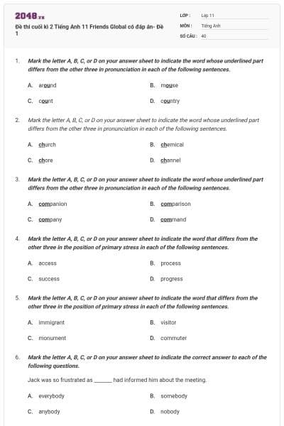 Đề thi cuối kì 2 Tiếng Anh 11 Friends Global có đáp án- Đề 1