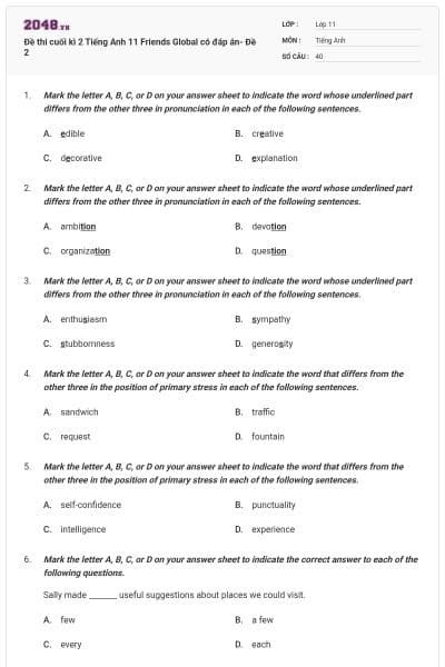 Đề thi cuối kì 2 Tiếng Anh 11 Friends Global có đáp án- Đề 2