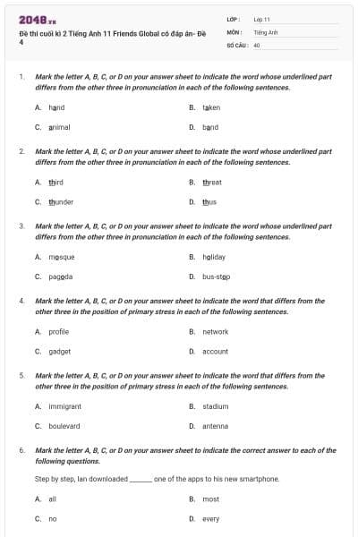 Đề thi cuối kì 2 Tiếng Anh 11 Friends Global có đáp án- Đề 4