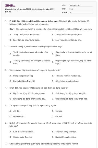 Đề minh họa tốt nghiệp THPT Địa lí có đáp án năm 2025 (Đề 8)