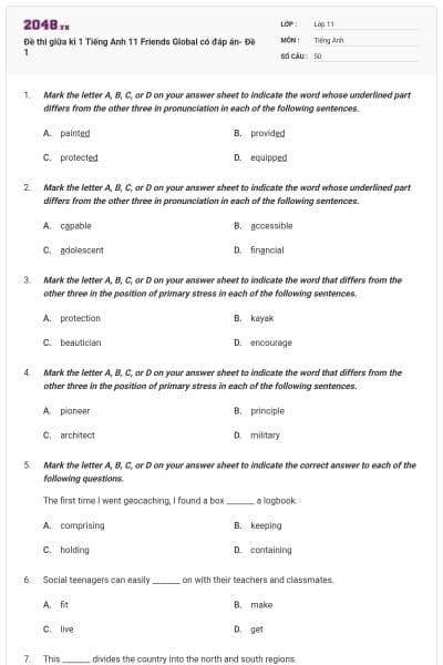 Đề thi giữa kì 1 Tiếng Anh 11 Friends Global có đáp án- Đề 1