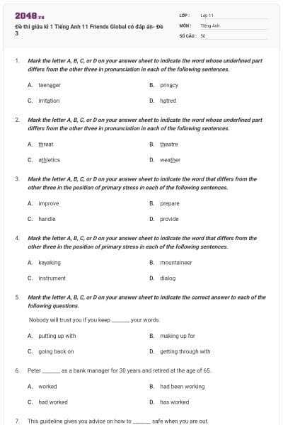 Đề thi giữa kì 1 Tiếng Anh 11 Friends Global có đáp án- Đề 3