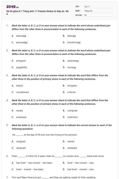 Đề thi giữa kì 1 Tiếng Anh 11 Friends Global có đáp án- Đề 4