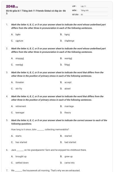 Đề thi giữa kì 1 Tiếng Anh 11 Friends Global có đáp án- Đề 5