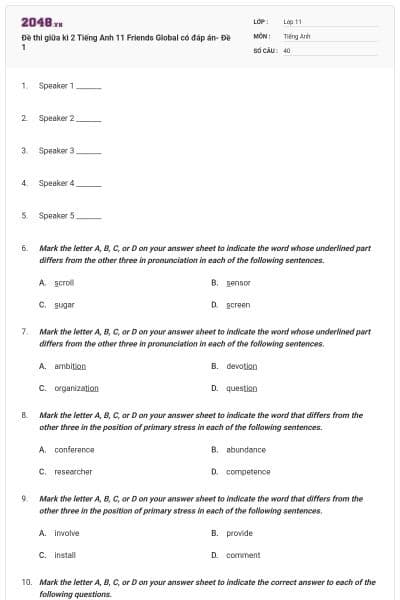 Đề thi giữa kì 2 Tiếng Anh 11 Friends Global có đáp án- Đề 1