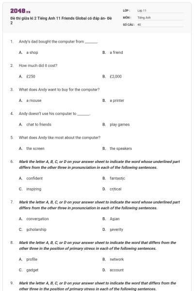 Đề thi giữa kì 2 Tiếng Anh 11 Friends Global có đáp án- Đề 2