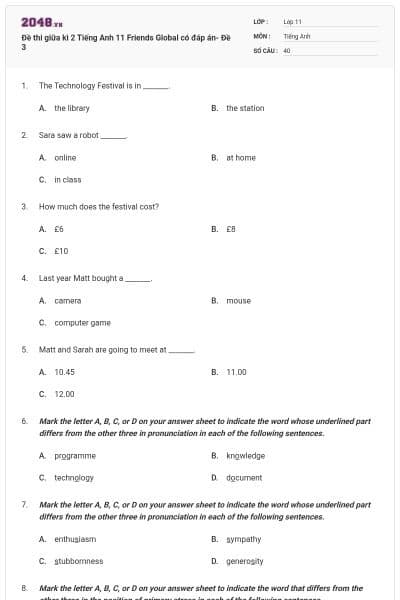 Đề thi giữa kì 2 Tiếng Anh 11 Friends Global có đáp án- Đề 3