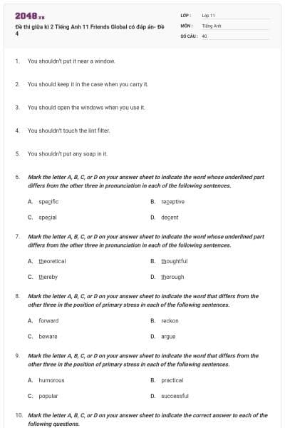 Đề thi giữa kì 2 Tiếng Anh 11 Friends Global có đáp án- Đề 4