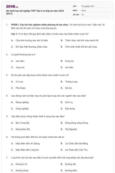 Đề minh họa tốt nghiệp THPT Địa lí có đáp án năm 2025 (Đề 9)