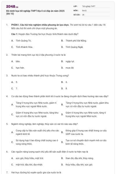 Đề minh họa tốt nghiệp THPT Địa lí có đáp án năm 2025 (Đề 10)