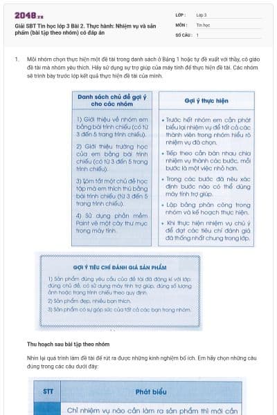 Giải SBT Tin học lớp 3 Bài 2. Thực hành: Nhiệm vụ và sản phẩm (bài tập theo nhóm) có đáp án