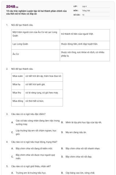 10 câu trắc nghiệm Luyện tập về hai thành phần chính của câu Kết nối tri thức có đáp án