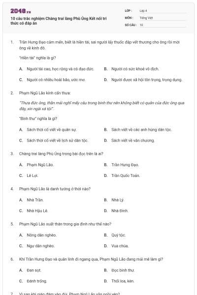 10 câu trắc nghiệm Chàng trai làng Phù Ủng Kết nối tri thức có đáp án