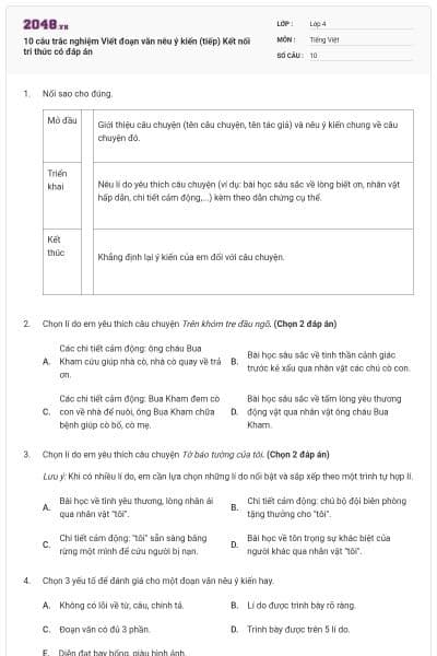 10 câu trắc nghiệm Viết đoạn văn nêu ý kiến (tiếp) Kết nối tri thức có đáp án
