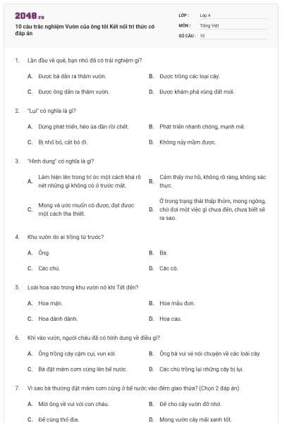 10 câu trắc nghiệm Vườn của ông tôi Kết nối tri thức có đáp án