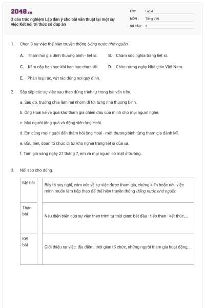 3 câu trắc nghiệm Lập dàn ý cho bài văn thuật lại một sự việc Kết nối tri thức có đáp án