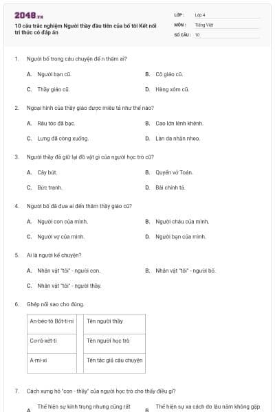 10 câu trắc nghiệm Người thầy đầu tiên của bố tôi Kết nối tri thức có đáp án