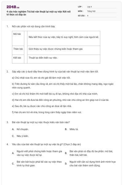 4 câu trắc nghiệm Trả bài văn thuật lại một sự việc Kết nối tri thức có đáp án