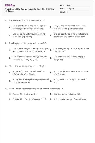 4 câu trắc nghiệm Đọc mở rộng (tiếp theo) Kết nối tri thức có đáp án
