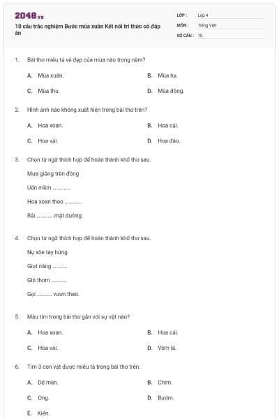 10 câu trắc nghiệm Bước mùa xuân Kết nối tri thức có đáp án