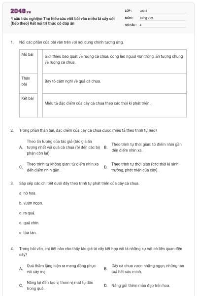 4 câu trắc nghiệm Tìm hiểu các viết bài văn miêu tả cây cối (tiếp theo) Kết nối tri thức có đáp án