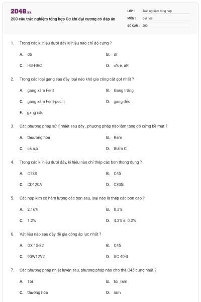 200 câu trắc nghiệm tổng hợp Cơ khí đại cương có đáp án