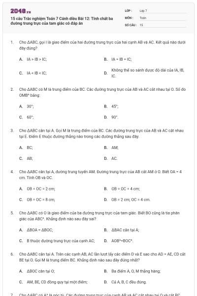 15 câu Trắc nghiệm Toán 7 Cánh diều Bài 12: Tính chất ba đường trung trực của tam giác có đáp án